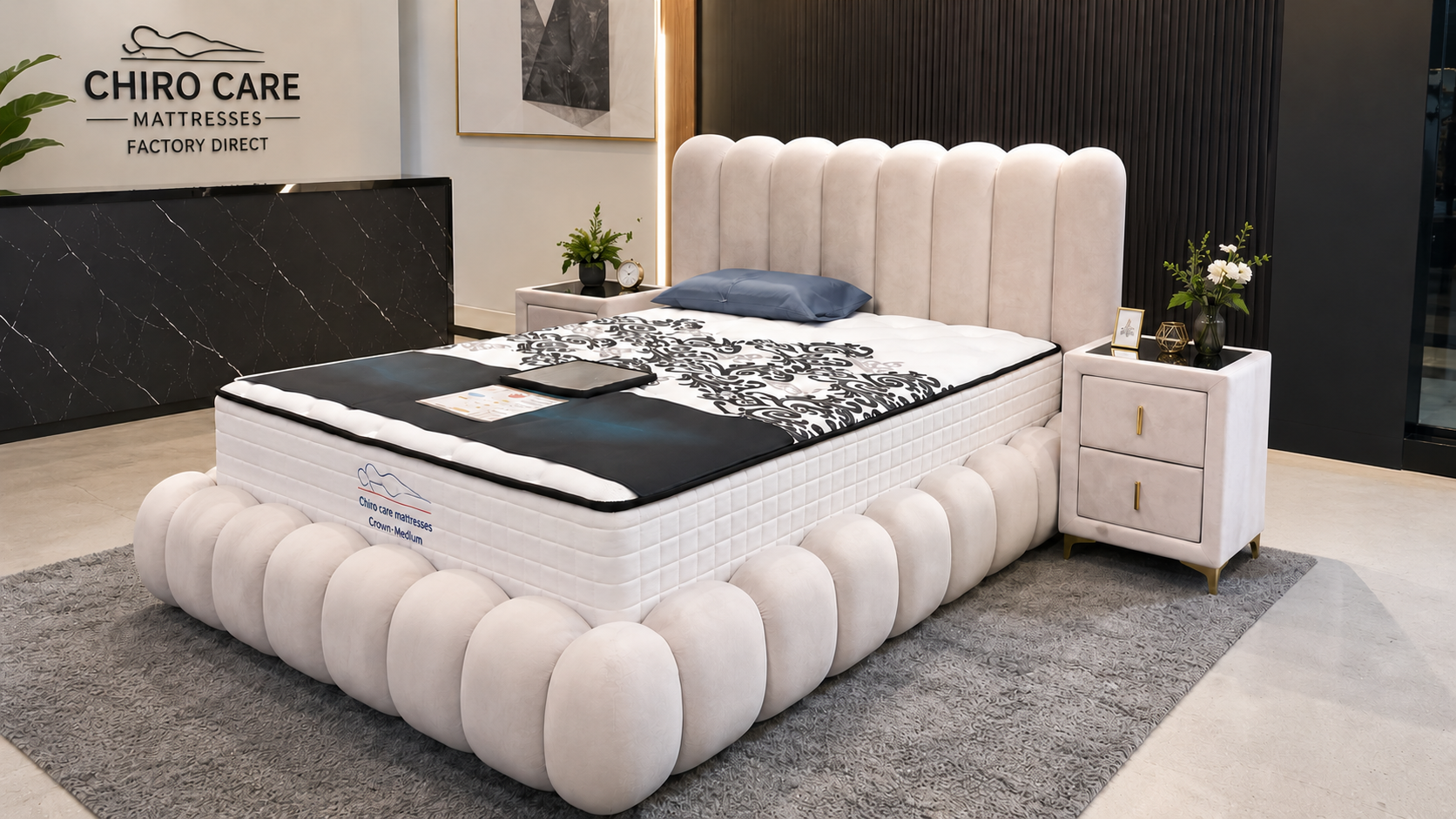 A luxury upholstered bed frame by Chiro Care, featuring a tufted cream headboard and matching bubble-style base, styled with a black and white patterned duvet.