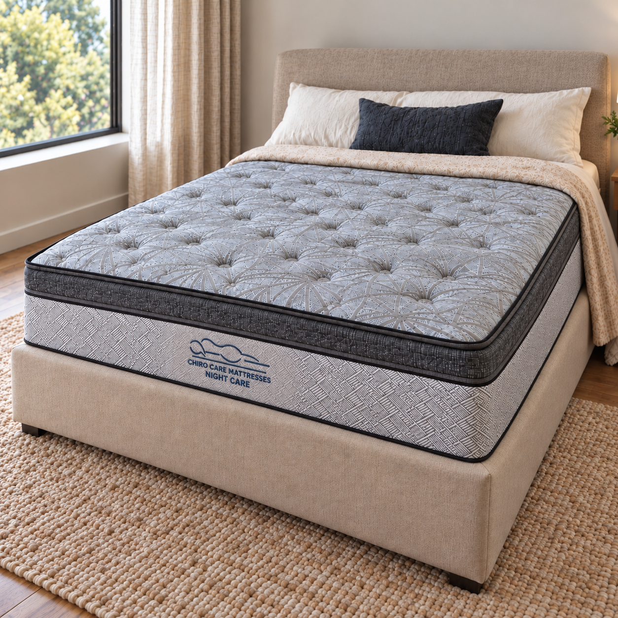 A luxury mattress with a tufted gray top and dark gray side panel, shown on a beige upholstered bed frame in a bright bedroom setting.