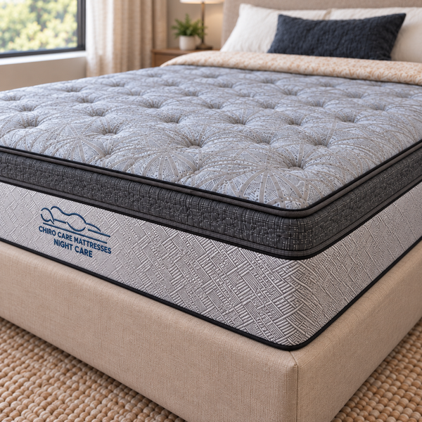 A tufted mattress on a bed in a styled bedroom. The mattress has a light gray and white patterned top, a dark gray side border.