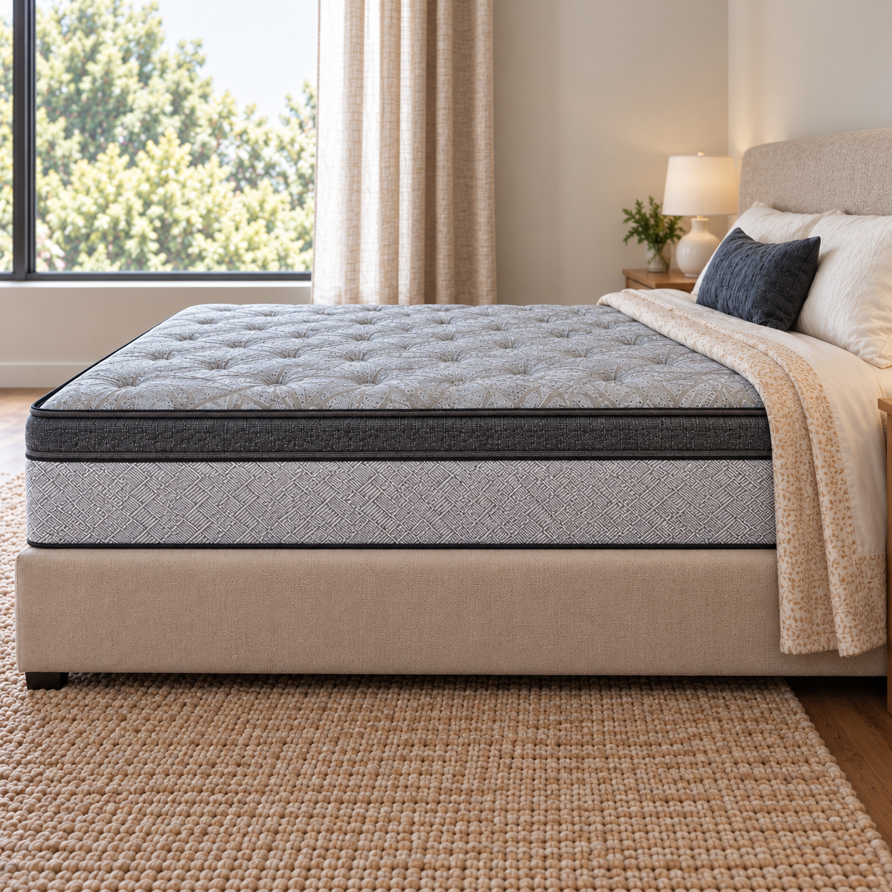 A tufted mattress on a matching upholstered bed frame in a bright, modern bedroom with beige walls, a window with green trees outside, and a woven rug.