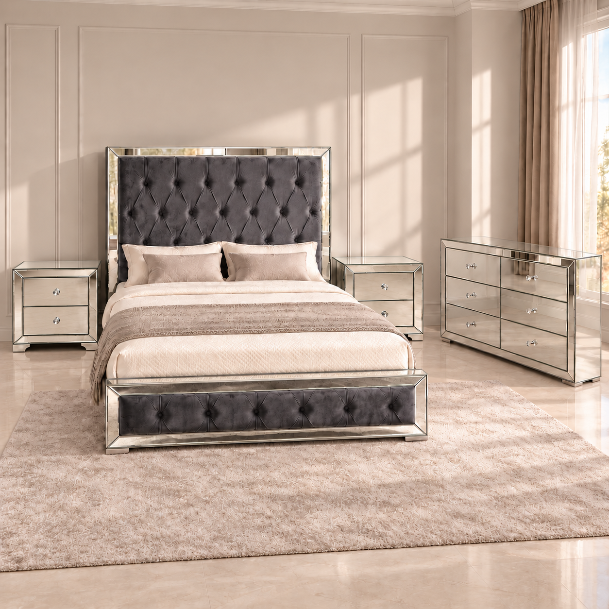 A luxury mirrored bed frame set in a modern bedroom, featuring a dark gray tufted velvet headboard and footboard.