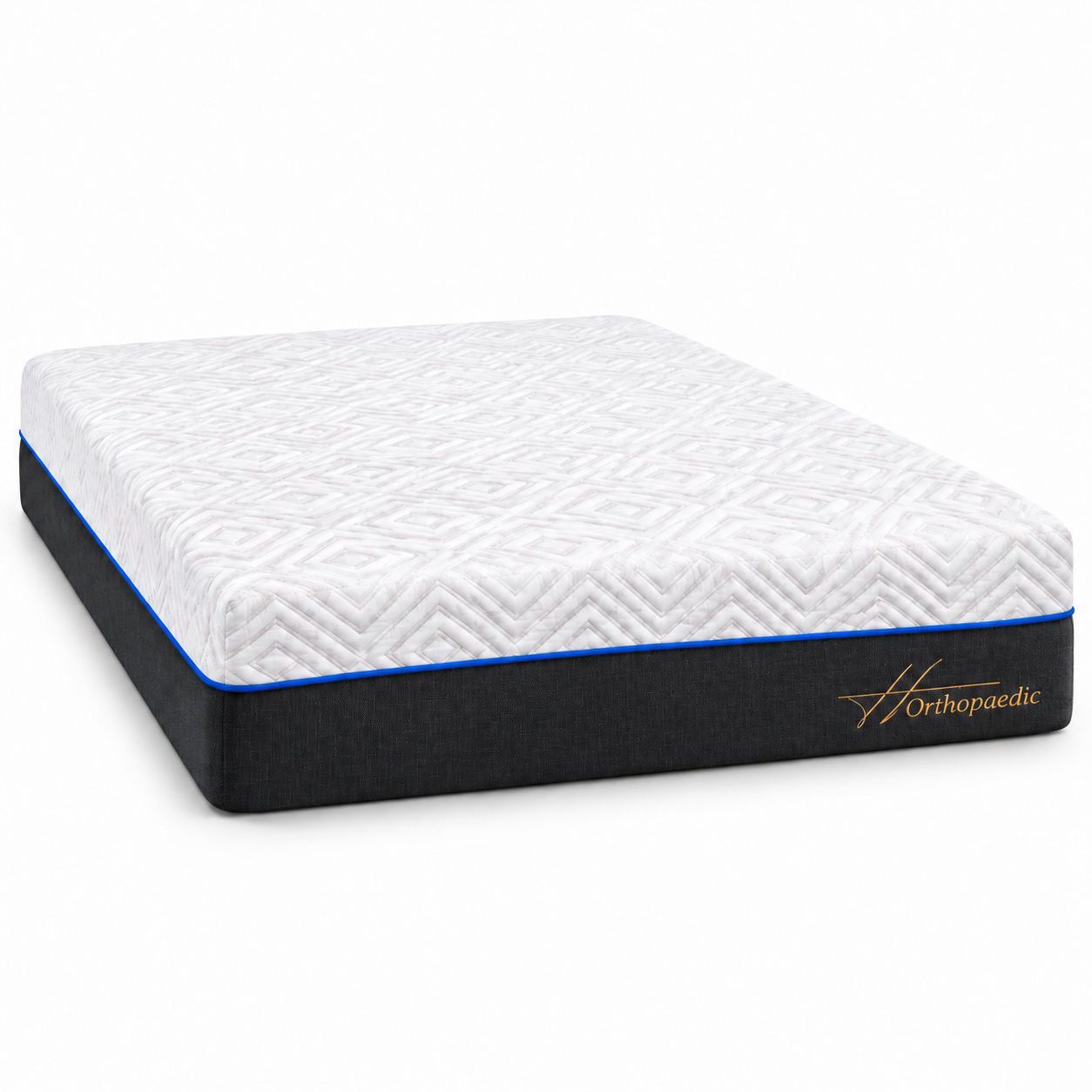 An Orthopaedic mattress with a white quilted top and a black side skirt, featuring a thin red accent line and gold brand logo.