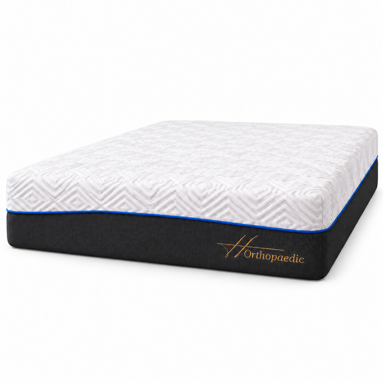 Orthopaedic mattress with a white quilted top and a black side panel, featuring a thin orange accent line and the Orthopaedic brand name in gold on the side.