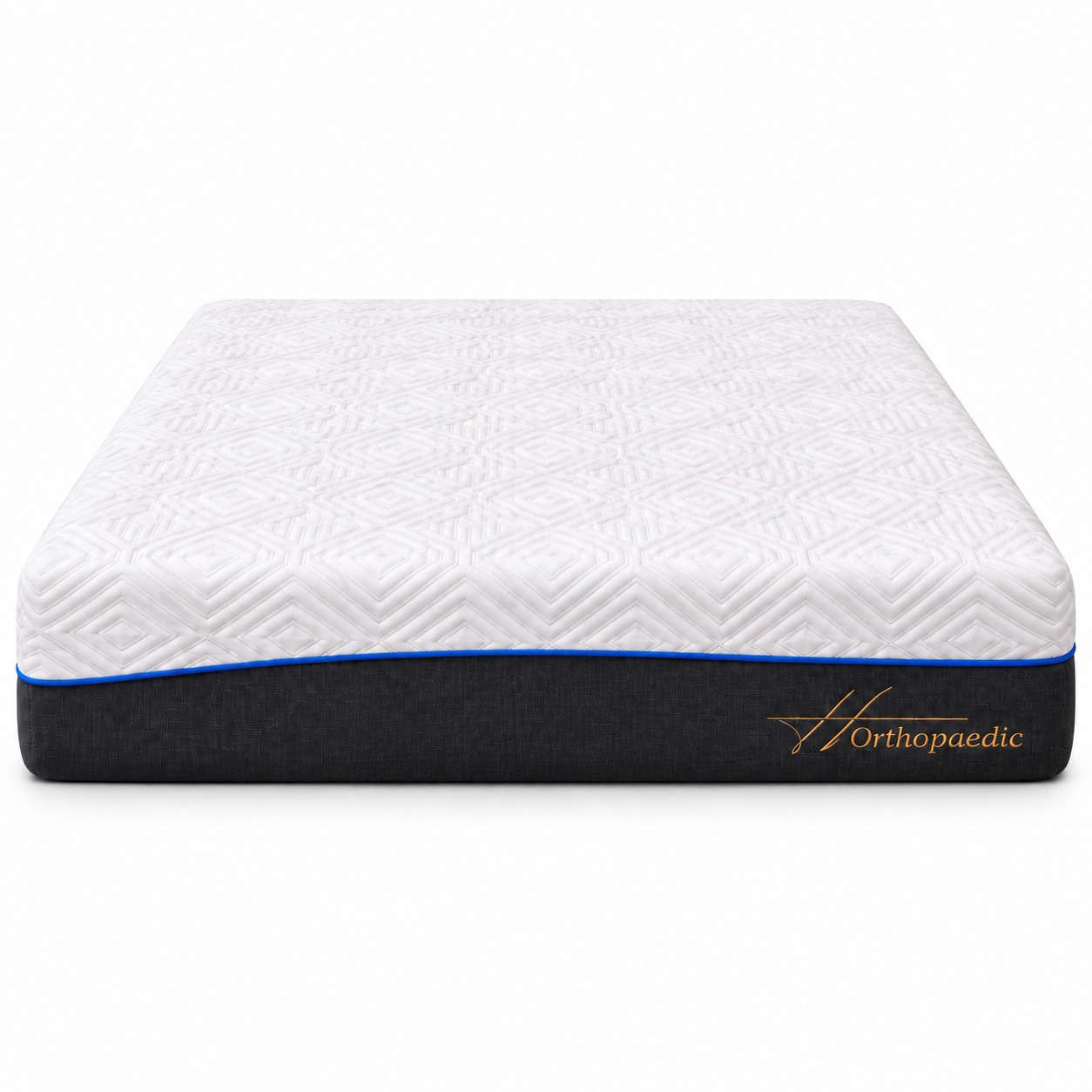 An orthopedic mattress shown from a side angle on a clean white background. The mattress features a white quilted top surface with a geometric pattern, a thin blue accent line, and a dark gray base.