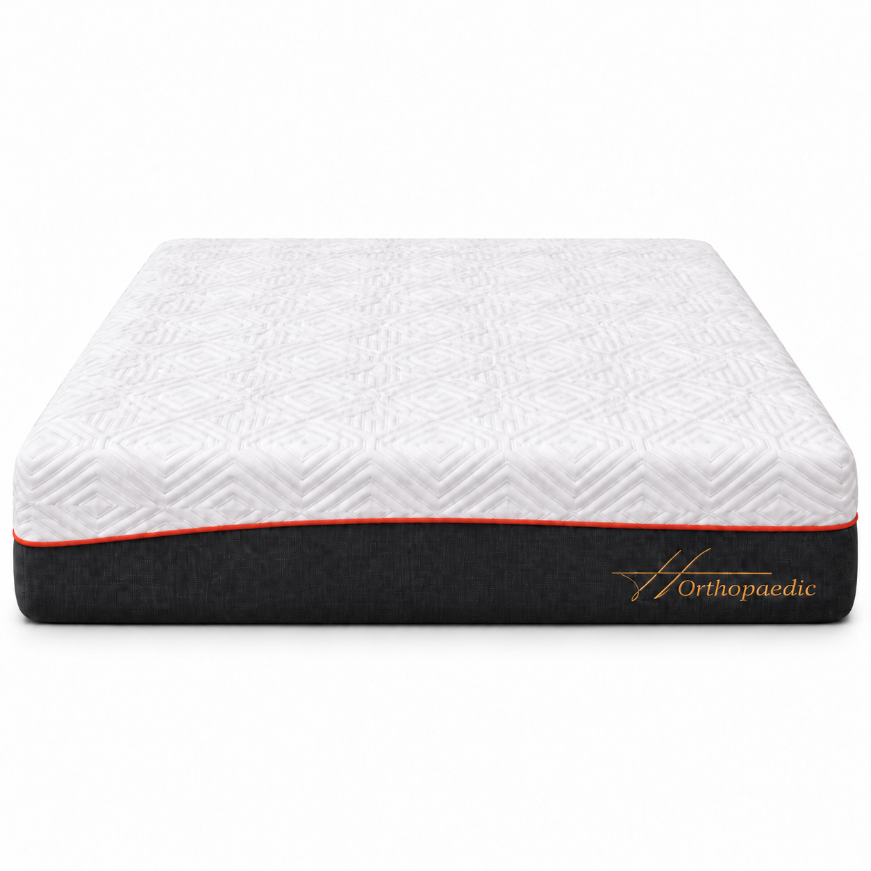 A mattress shown from the side on a clean white background, featuring a white quilted top, a thin orange-red accent line, and a dark charcoal gray side panel with the Orthopaedic brand name in gold.