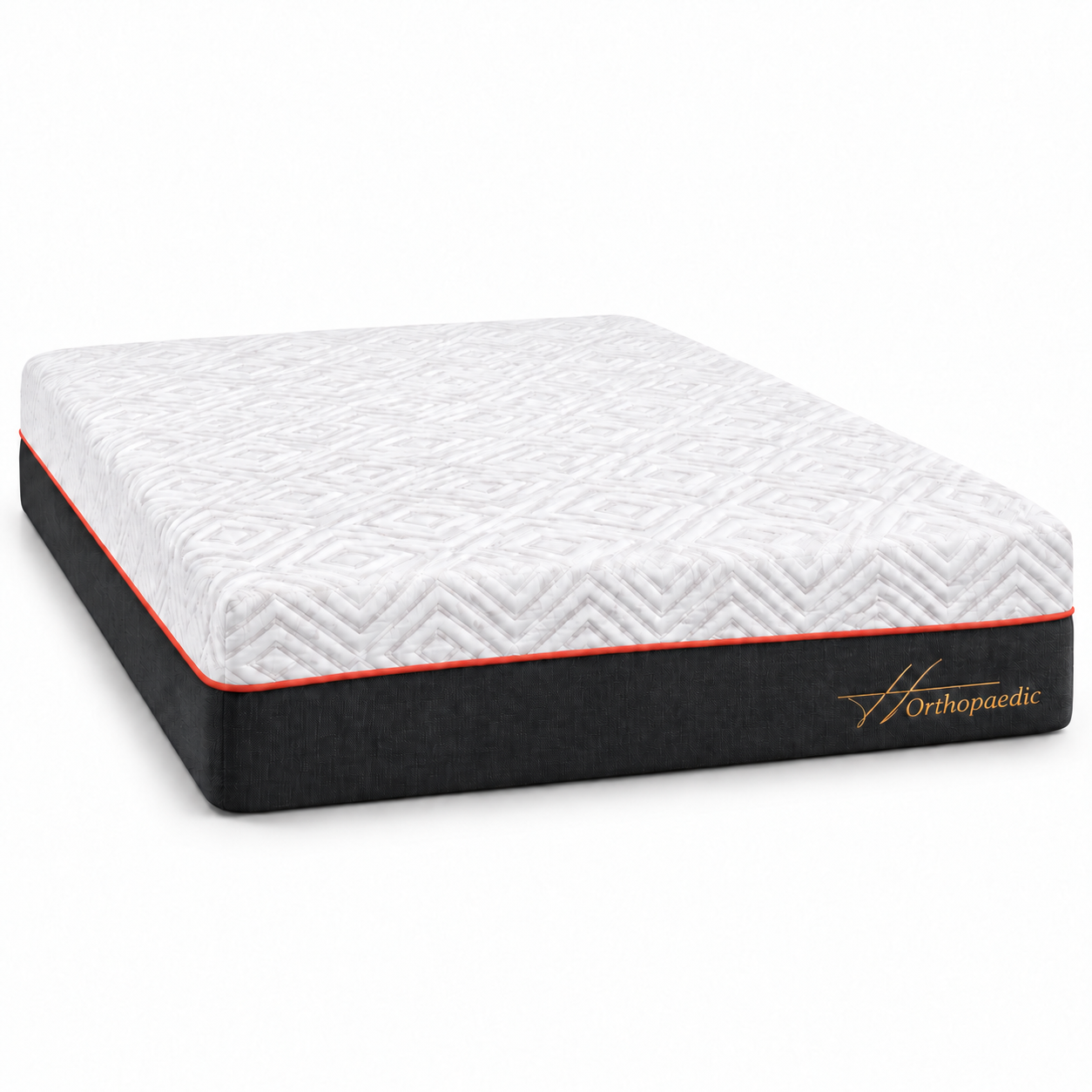 An Orthopaedic mattress with a white quilted top and a black side skirt, featuring a thin red accent line and gold brand logo.