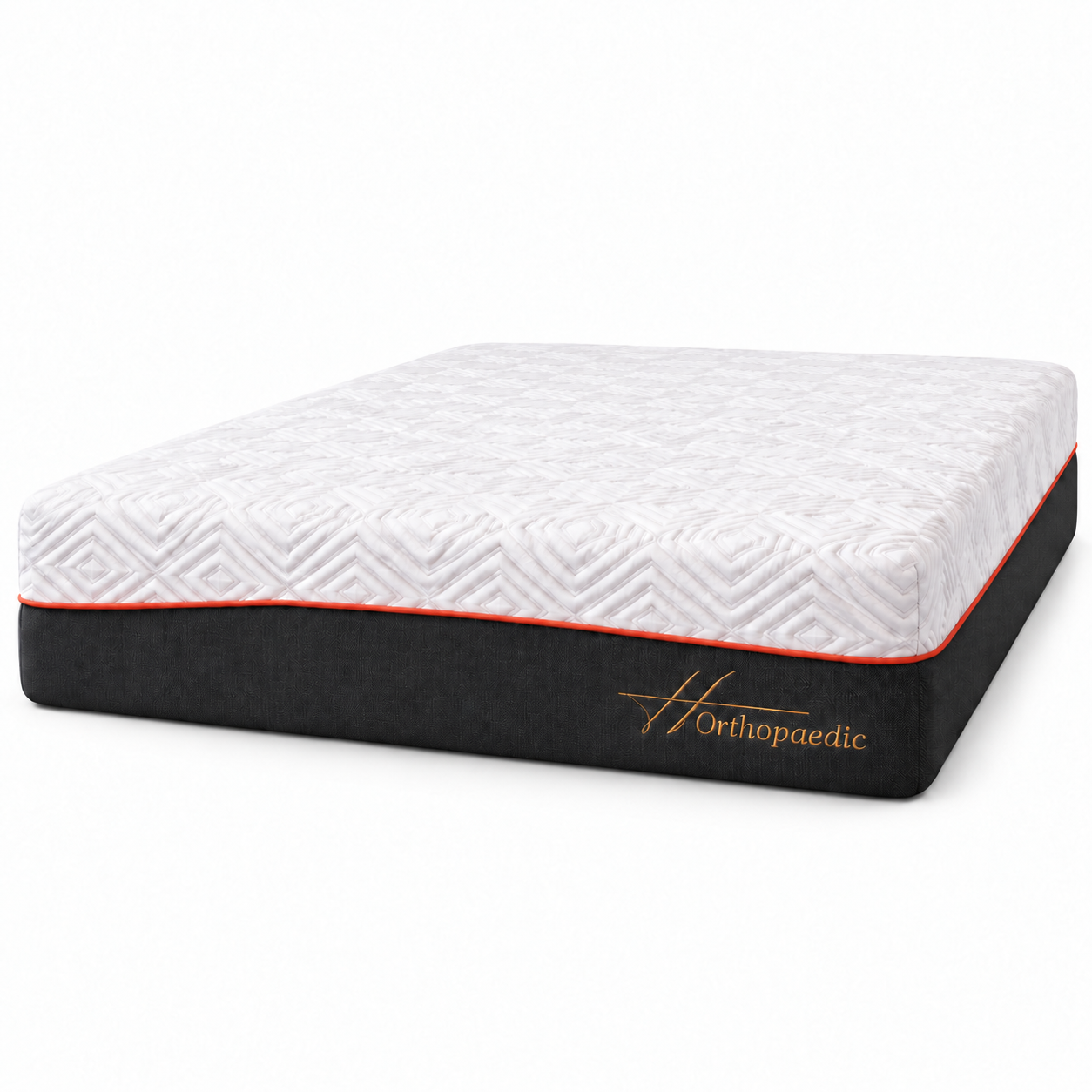Orthopaedic mattress with a white quilted top and a black side panel, featuring a thin orange accent line and the Orthopaedic brand name in gold on the side.